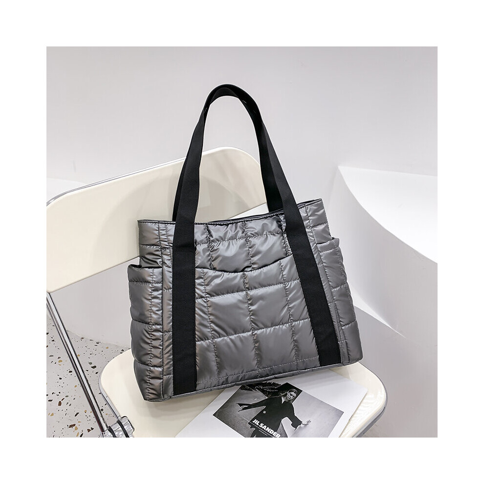 Winter Textured Padded Duffel Bag for Women Big Totes Plaid Shoulder Bags Nylon Shopper Handbags-image-OPC-PBV2QFF-NEW