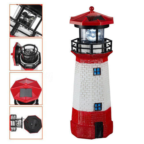 LED Solar Lighthouse Sensor Beacon Rotating Lamp Statue Garden Outdoor 1