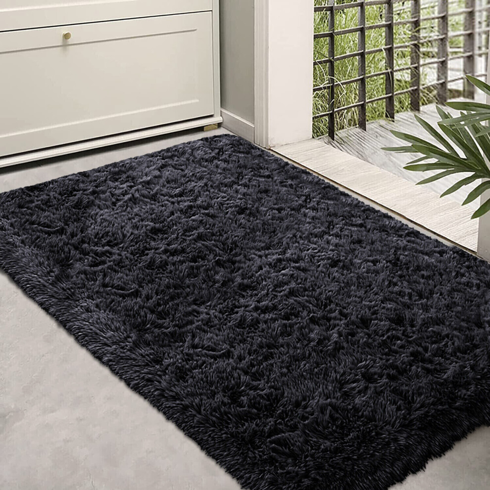 Supreme Bedding Ltd Black (60Cm X 110Cm (2Ft X 3Ft 7") Mat) Rugs Fluffy Shaggy Rug Carpet Runner Mat