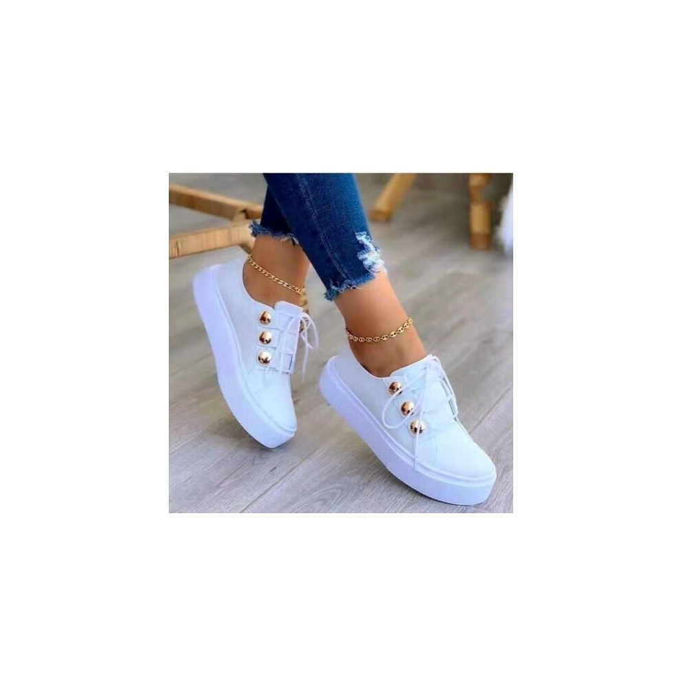 (White, UK 7.5-8) New Womens Ladies Platform Flatform Trainers Lace Up Casual Shoes Sneakers Size