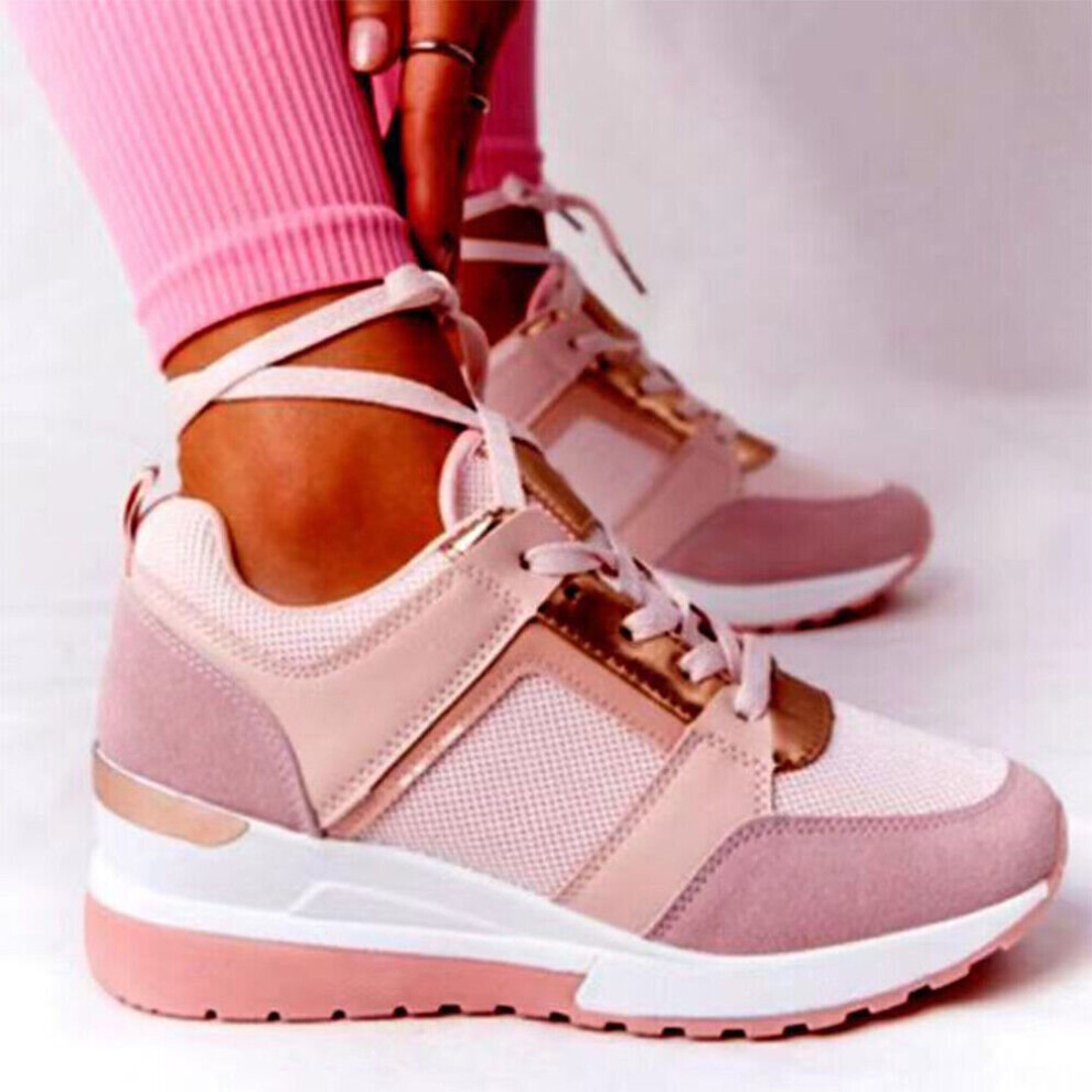 (Pink, UK 7) Womens Ladies Wedge Trainers Lace Up Glitter walking Sneakers Women Shoes Size