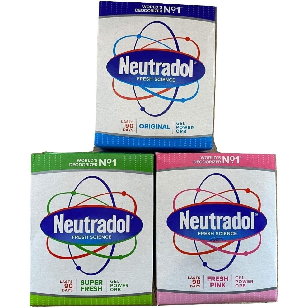 Neutradol Gel Power Orbs x 3 Orbs. 1x Super Fresh, 1x Fresh Pink, 1x Original for Clean, Fresh Air at Home and at Work