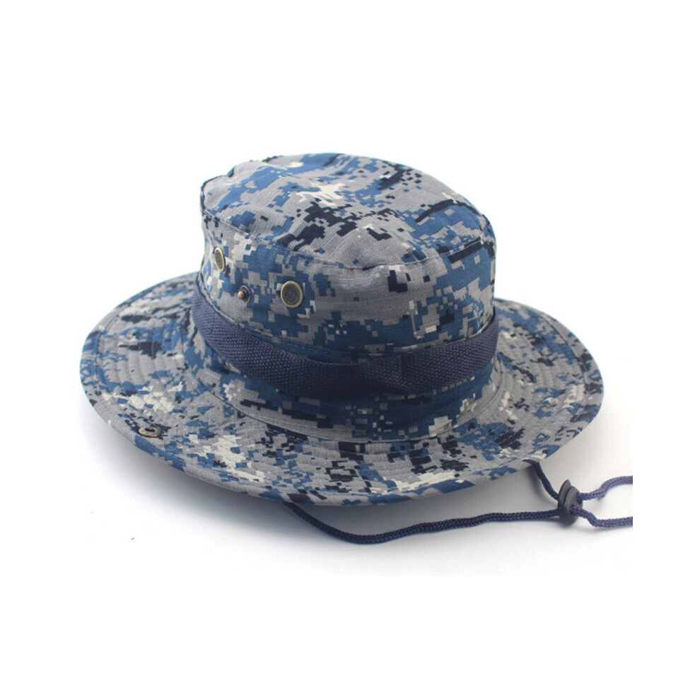 (Blue) Wide Brim Boonie Hat, Men & Women Top Camo Bucket Hats for Safari Military Beach Military Fishing Hunting Cap
