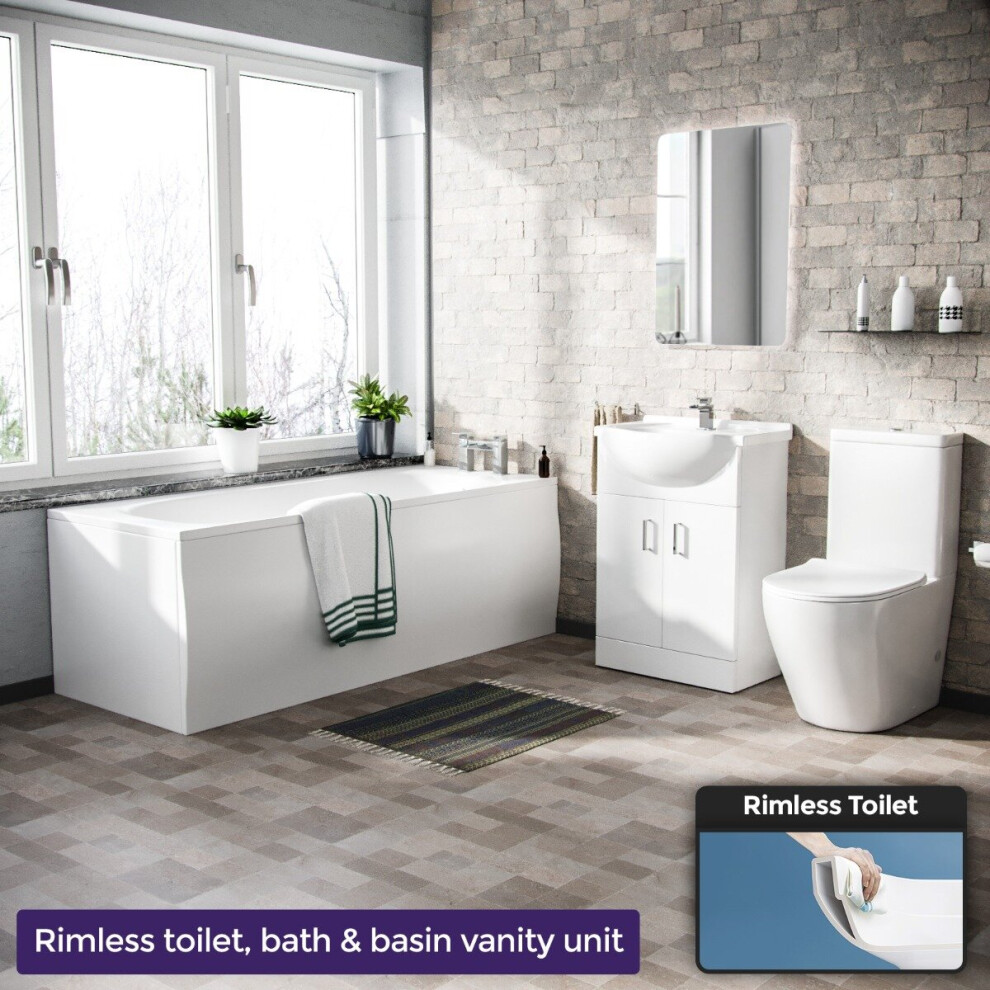 Warton 1700mm Round Bath, 550mm Vanity and Curved Toilet Suite White