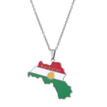 ( Silver) Stainless Steel Kurdistan Map Pendant Necklaces Chain Kurdish Flag Map Pendant