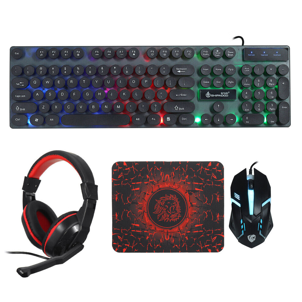 (Black) 4Pcs Gaming Devices Set 104 Keys LED Backlit Waterproof Gaming Keyboard Ergonomic Mouse 3.5mm Wired Headset Anti-slip Mouse Pad Combo