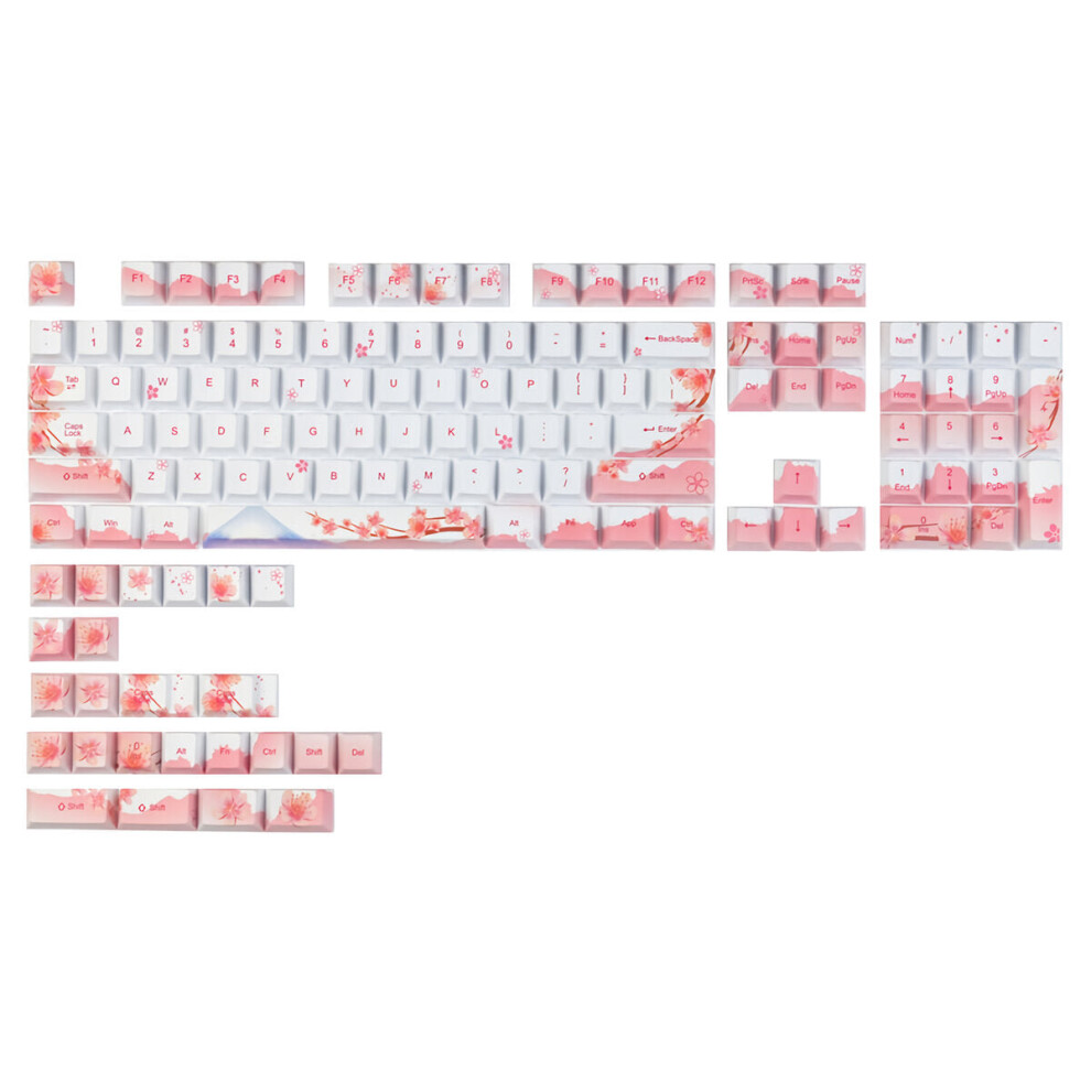 128 Keys Cherry Blossoms Keycap Set Cherry Profile PBT Five-sided Sublimation Mount Fuji Sakuras Pink Flower Keycaps for Mechanical Keyboards