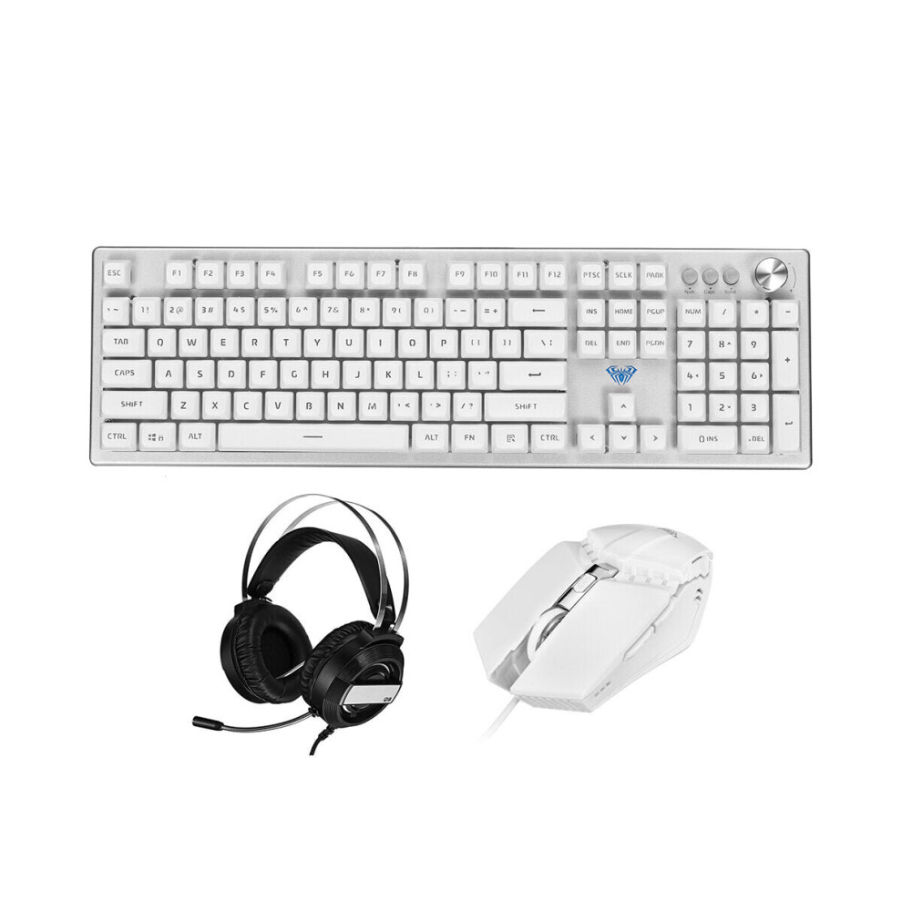 (White) 3-In-1 LED Backlit Gaming Keyboard Mouse Noise-Canceling Headset Combo with Mouse Pad