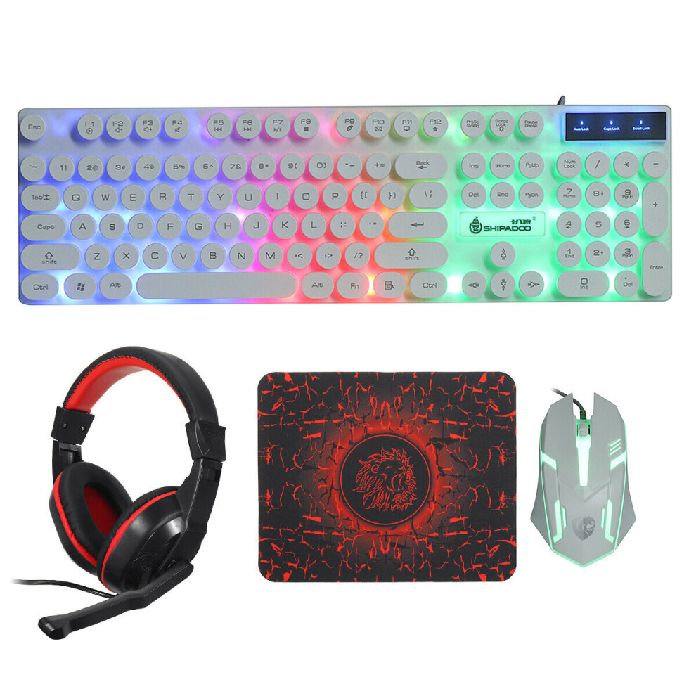 (White) 4Pcs Gaming Devices Set 104 Keys LED Backlit Waterproof Gaming Keyboard Ergonomic Mouse 3.5mm Wired Headset Anti-slip Mouse Pad Combo