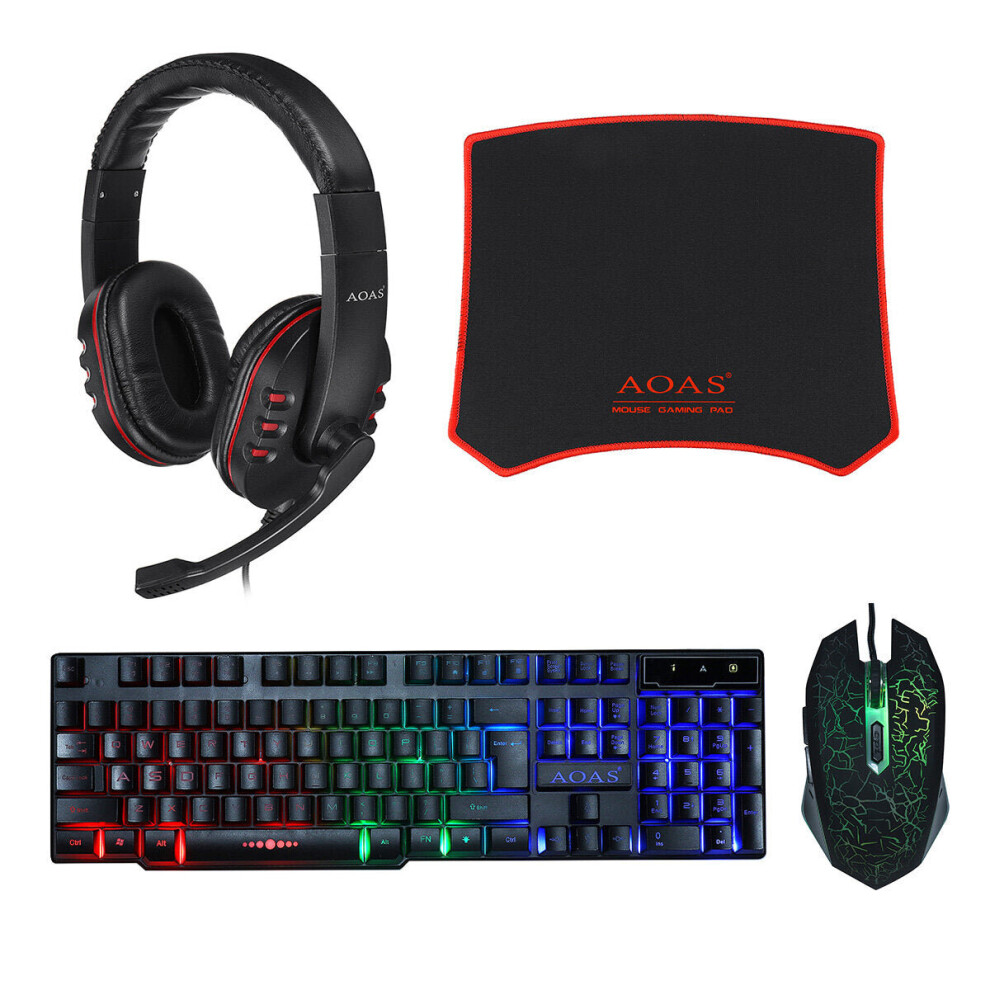 4Pcs Gaming Combo Kit 104 Keys RGB Backlit Keyboard Adjustable 3200DPI Mouse Stereo 40MM Noise Reduction Headset with Mouse Pad