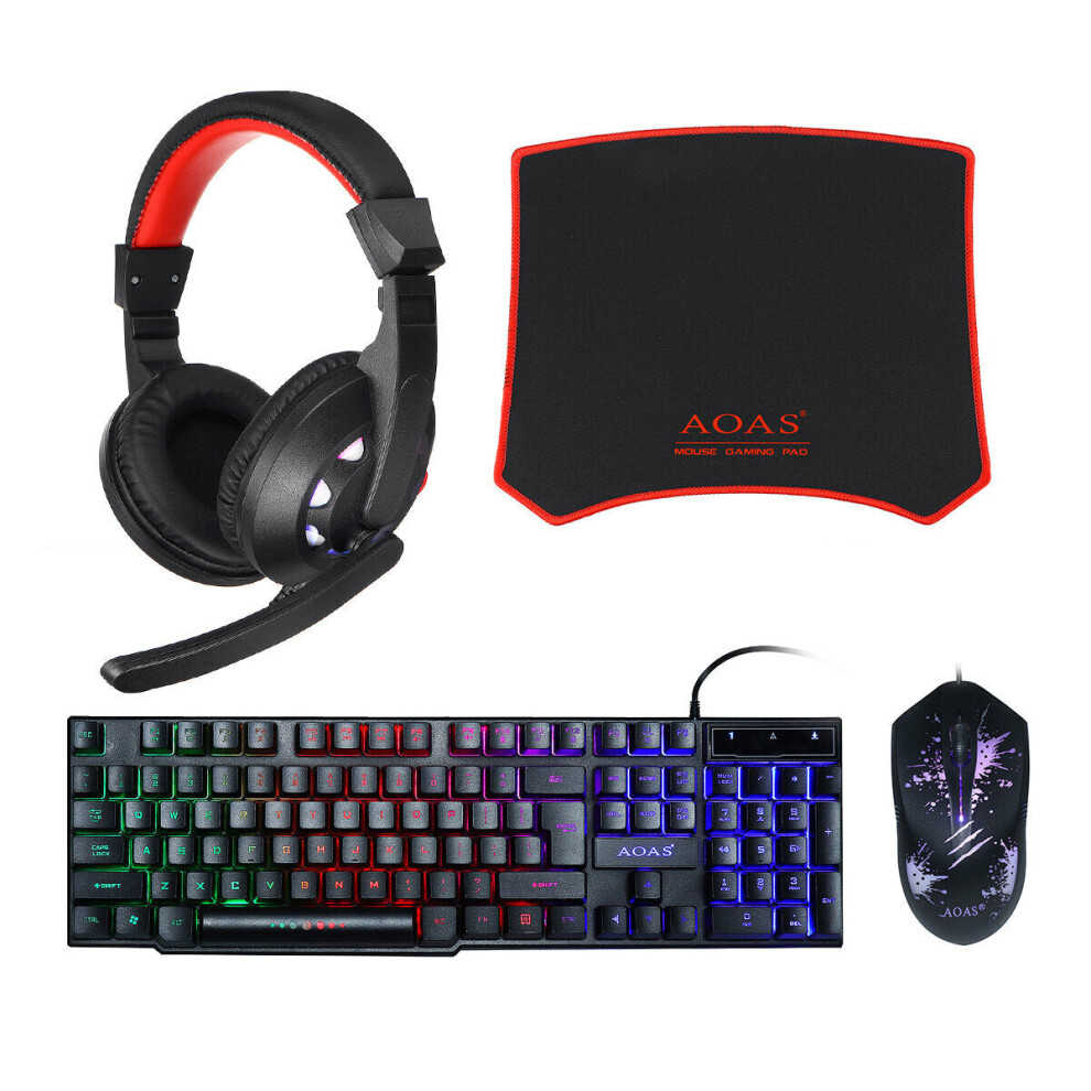 4-in-1 Gaming Kit Set Wired Keyboard & Mouse & Mouse Pad LED Gaming Over-Ear Headset Combo Set