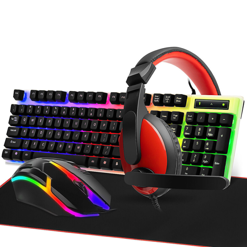 (Black) 4 In 1 Colorful Glow Keyboard Mouse Headset with Anti-slip Extra Large Mouse Pad for PC Gamer