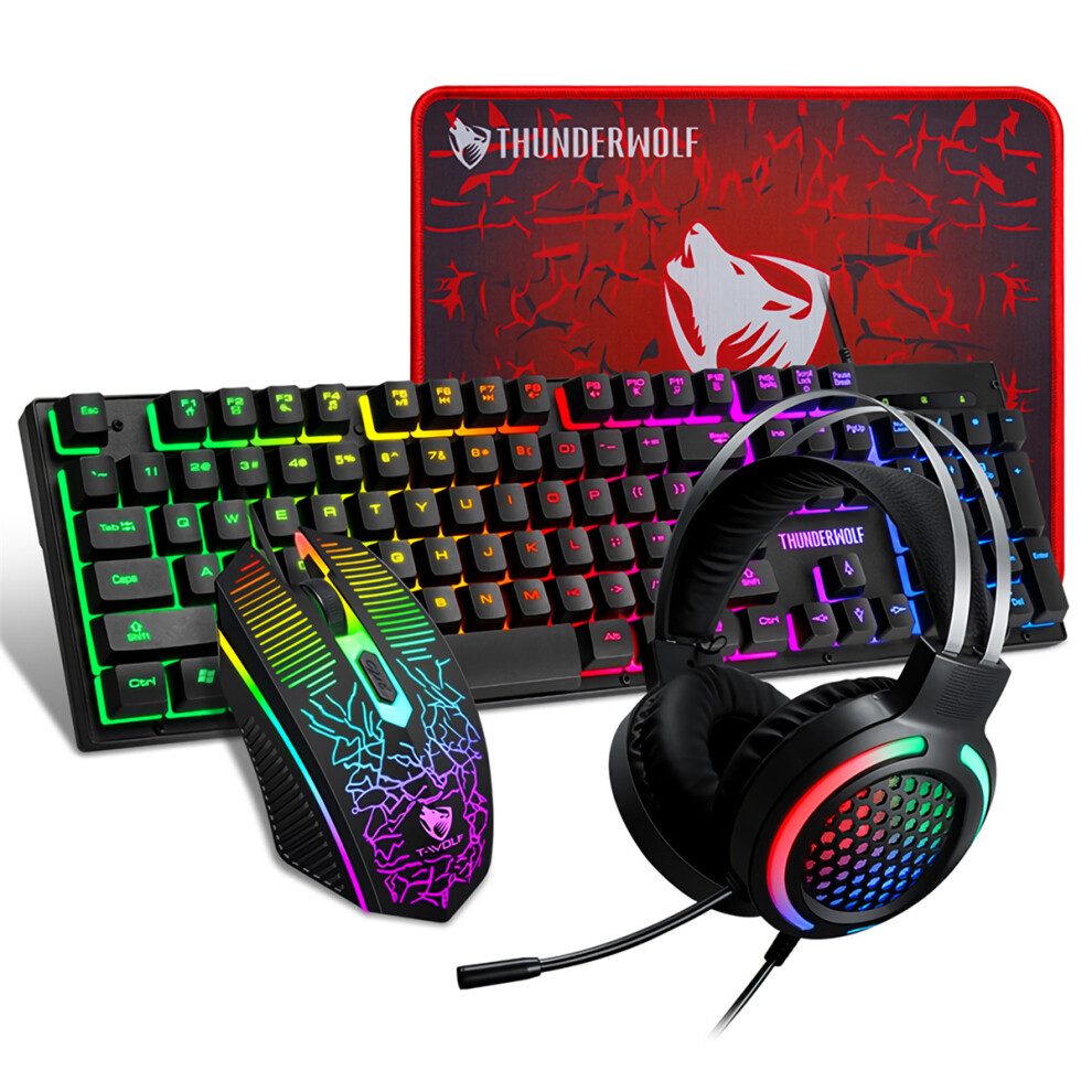 4Pcs Gaming Combo Kit 104 Keys Rainbow Backlit Keyboard Adjustable 2400DPI Mouse Wired RGB Lighting Headset with Anti-Slip Mouse Pad