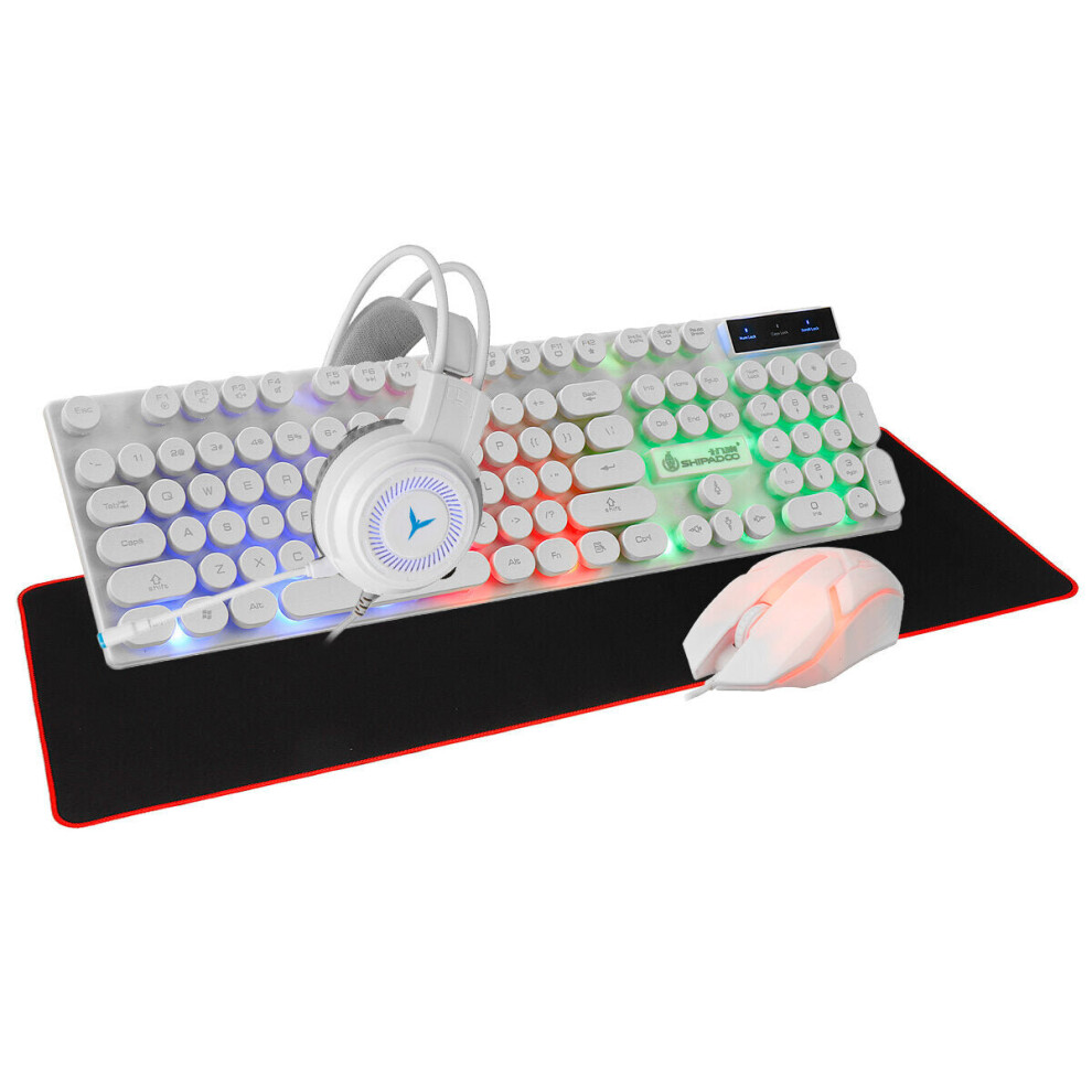 (White) 4Pcs Gaming Kit 104 Keys 4-in-1 Keyboard Mouse Headset Mouse Pad Set