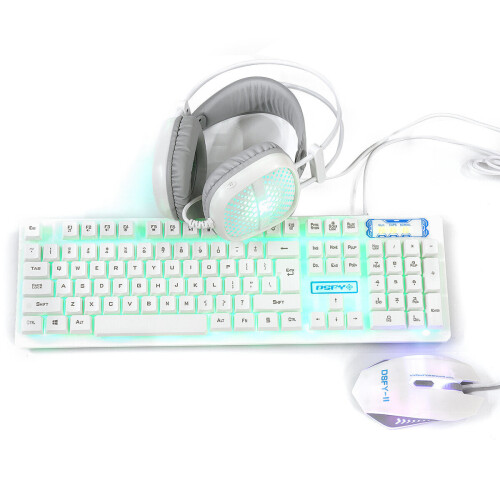 (White) 3-In-1 USB Wired Keyboard 1600DPI Mouse Colorful Headset Set Gaming Backlight Mechanical Keyboard Waterproof for Desktop Computer Notebook 1