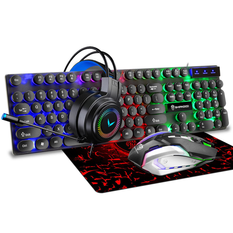 4-in-1 Keyboard Mouse Headset Mouse Pad Set USB Wired 104 Keys Punk Keycaps Keyboard Mouse Over-Ear Headset Mouse Pad Combo Set