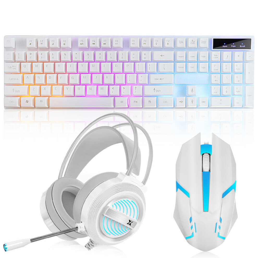 (White) 104 Keys RGB Backlit Waterproof Mechanical Feeling Keyboard and Wired Headset for Computer Gamer