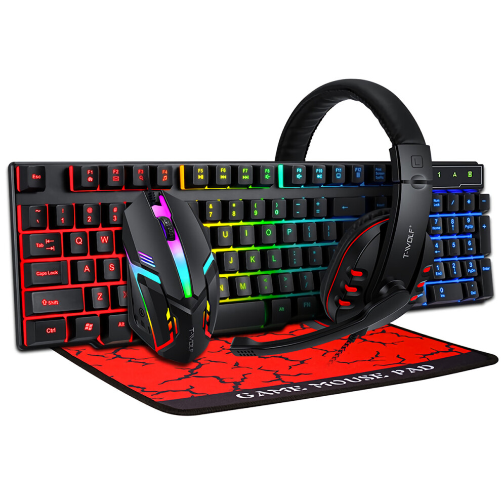 4Pcs Gaming Devices Set 104 Keys LED Backlit Gaming Keyboard 1200DPI Mouse 3.5mm Wired 50mm Driver Headset Anti-slip Mouse Pad Combo