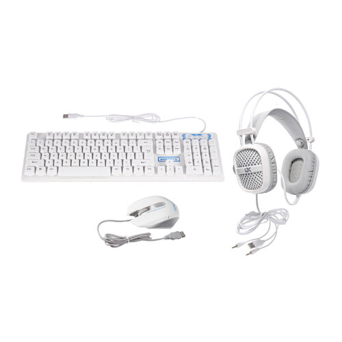 (White) 3-In-1 USB Wired Keyboard 1600DPI Mouse Colorful Headset Set Gaming Backlight Mechanical Keyboard Waterproof for Desktop Computer Notebook