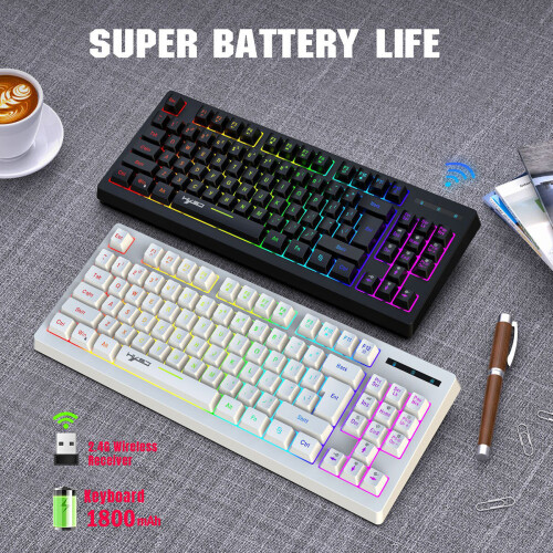 (White) 2.4G Wireless Keyboard 87 Keys Multimedia Function RGB Backlit Rechargeable Keyboard for Computer Laptop Home Office 2