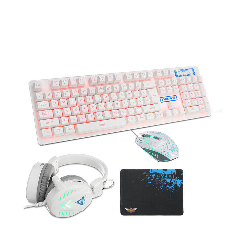 (White) 104 Keys Gaming Keyboard Waterproof design USB Wired Multimedia RGB Backlit and LED Gaming Headphone and 3200DPI LED Gaming Mouse Sets with Mouse Pad