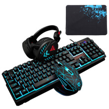 (Black & Light Blue) 104 Keys Gaming Keyboard Waterproof design USB Wired Multimedia RGB Backlit and LED Gaming Headphone and 3200DPI LED Gaming Mouse Sets with Mouse Pad