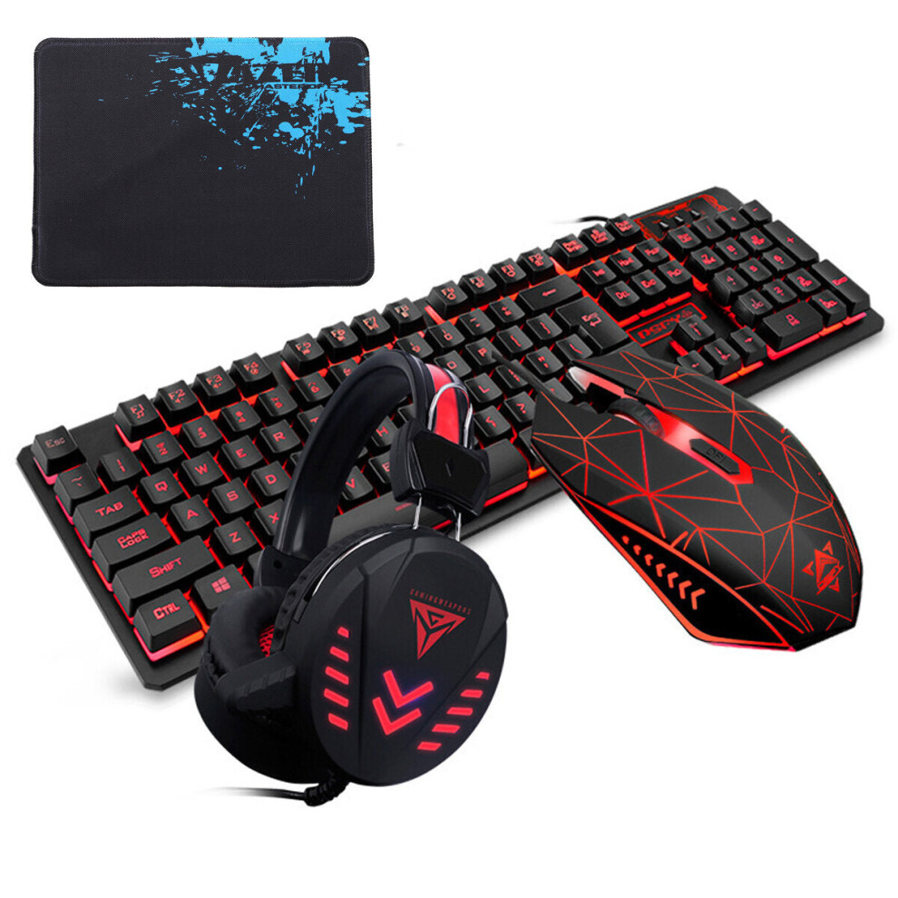 (Black) 104 Keys Gaming Keyboard Waterproof design USB Wired Multimedia RGB Backlit and LED Gaming Headphone and 3200DPI LED Gaming Mouse Sets with Mouse Pad