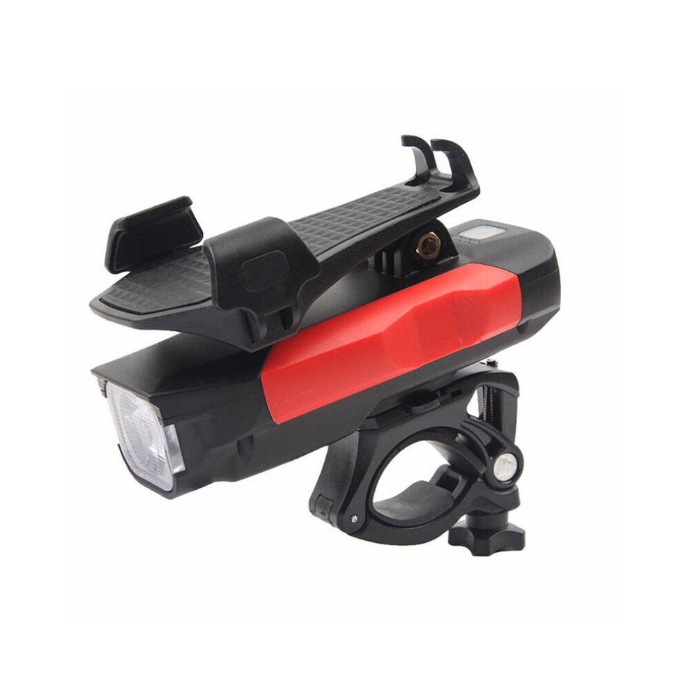 (Red) 4-in-1 Bike Headlight T6 500lm 3 Modes Bike Front Lamp Power Bank Phone Hold 120dB Horn for 4-6.3inch Phone Cycling Bicycle