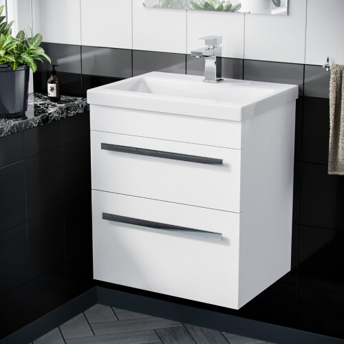 NES Home Nanuya 500mm Wall Hung 2 Drawer Vanity Basin Unit White