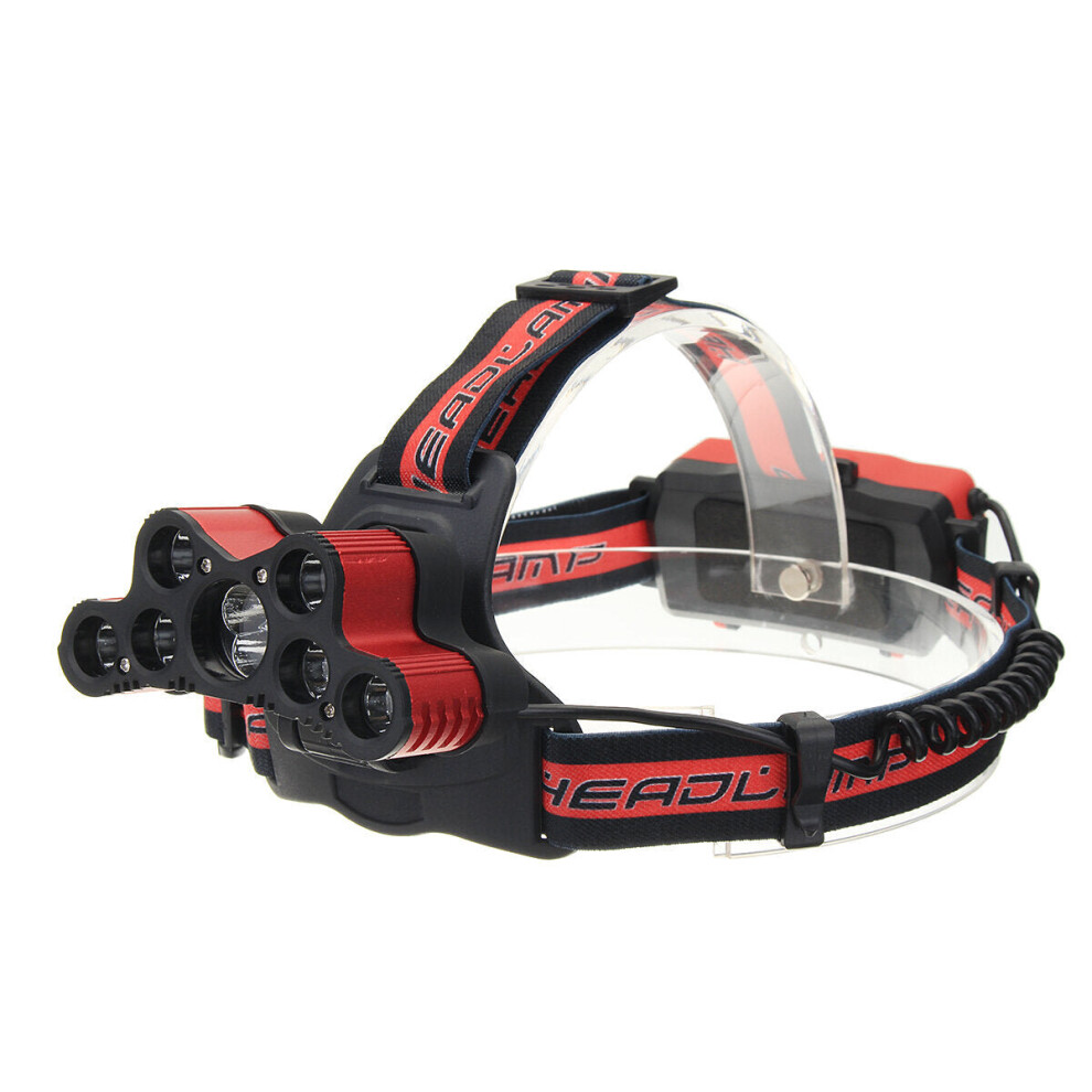 (Red) 6-Modes 7xT6+2xQ5 LED Head Lamp USB Rechargeable Camping Head Torch With SOS Whistle Function