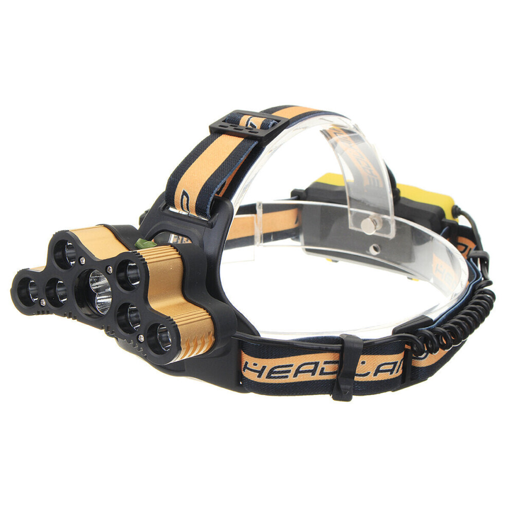 (Gold) 6-Modes 7xT6+2xQ5 LED Head Lamp USB Rechargeable Camping Head Torch With SOS Whistle Function