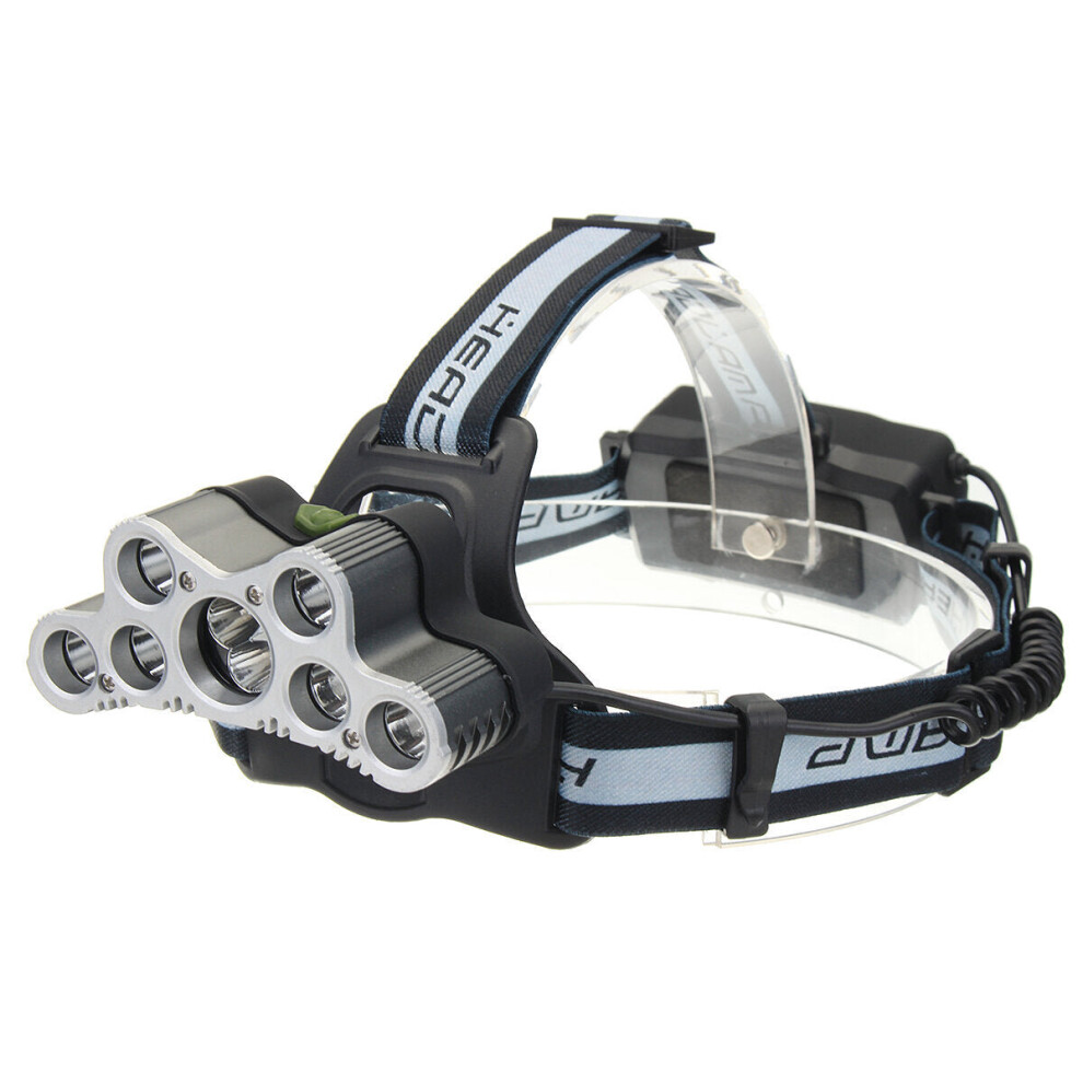 (Grey) 6-Modes 7xT6+2xQ5 LED Head Lamp USB Rechargeable Camping Head Torch With SOS Whistle Function