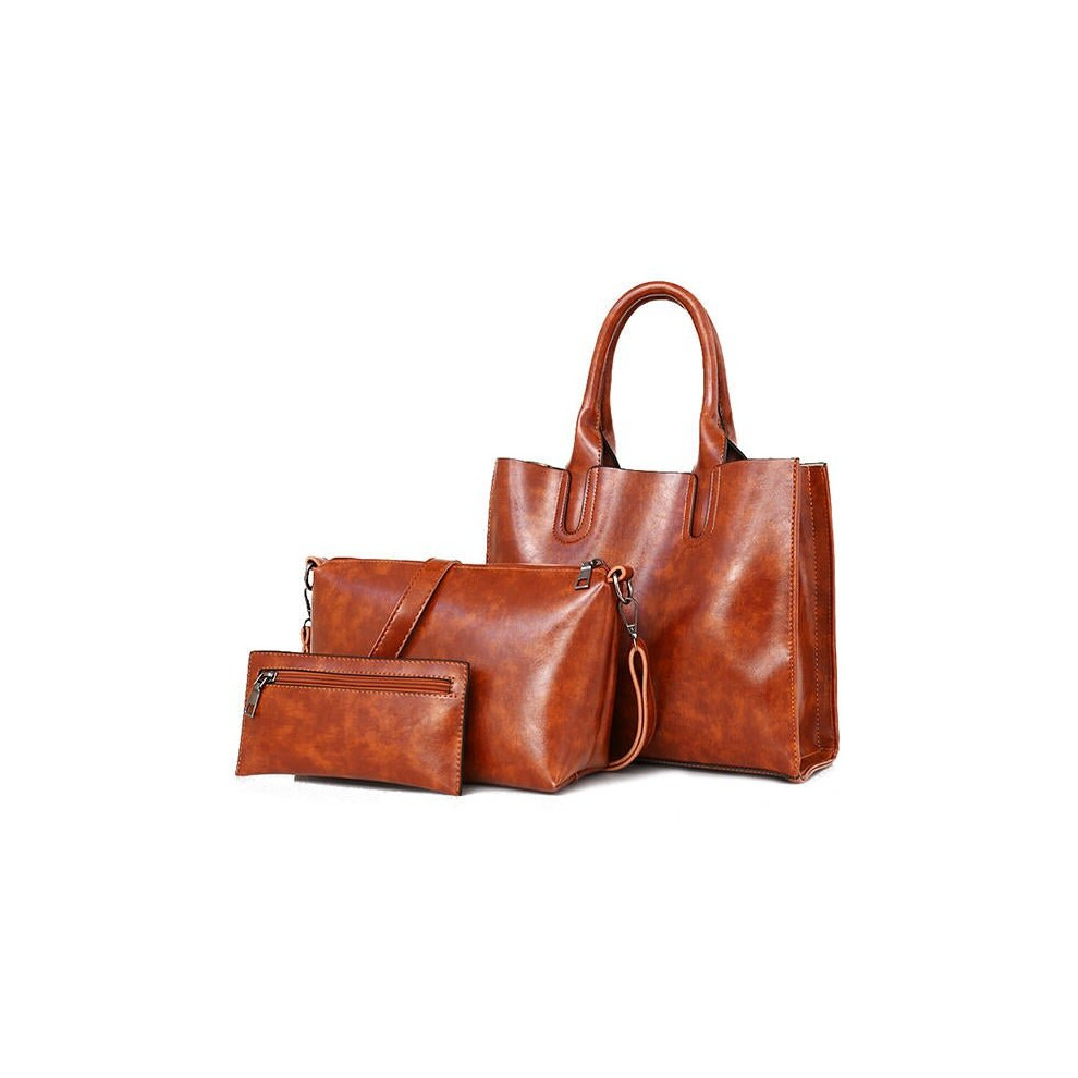 (Brown) 3 PCS Women Vintage Leisure Handbag Oil Wax Leather Crossbody Bag