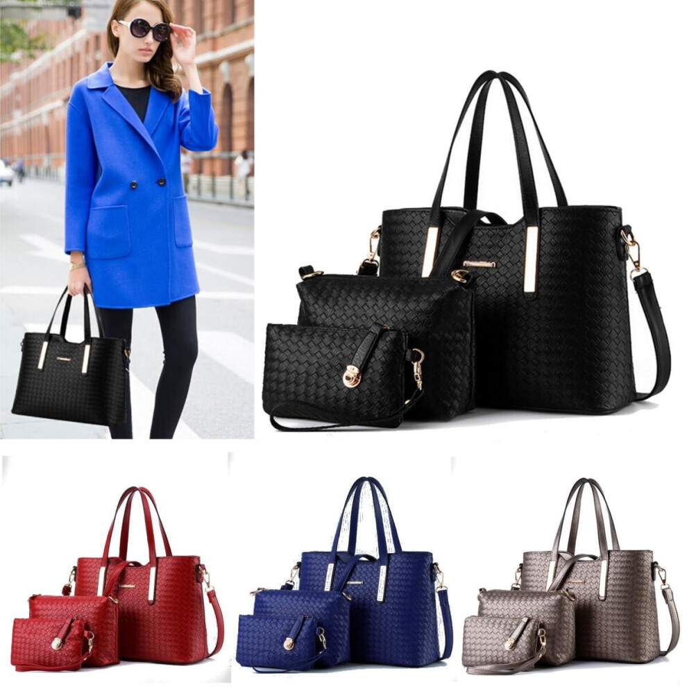 (Black) 3pcs set women leather satchel handbag shoulder messenger crossbody bag