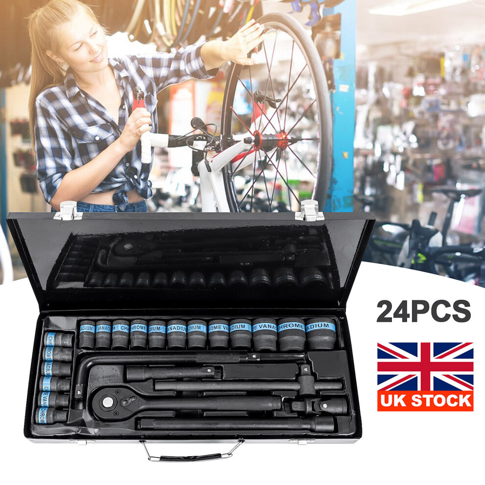 24x BLACK SOCKETS RATCHET WRENCH SET 1/2 INCH DRIVE CARRY CASE BOX