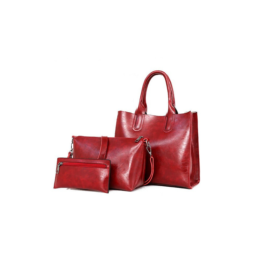 (Red) 3 PCS Women Vintage Leisure Handbag Oil Wax Leather Crossbody Bag