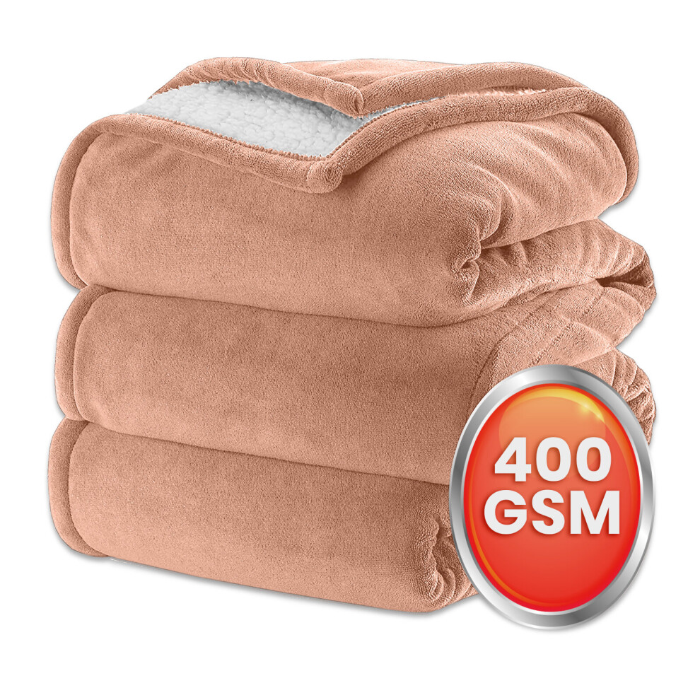 (Beige Camel, Double: 150 X 200 CM ) Sherpa Fleece Blanket Bed Mink Sofa Throw 2 Layer Reversible Travel Blanket