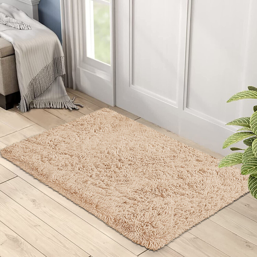 (60cm x 110cm (2ft x 3ft 7"), Beige Shaggy Rugs) Fluffy Rug Non-Slip Shaggy Rugs Living Room Carpet