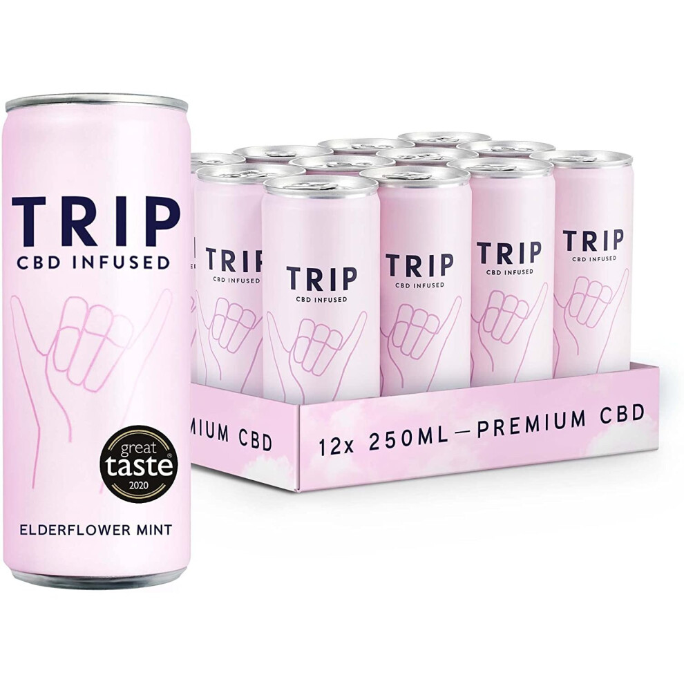 TRIP CBD Infused Fizzy Drinks (15 mg): Elderflower Mint (Pack of 12 x 250 ml) | Low Calorie, Vegan, Gluten Free Hemp Cannabidiol CBD Can Drink