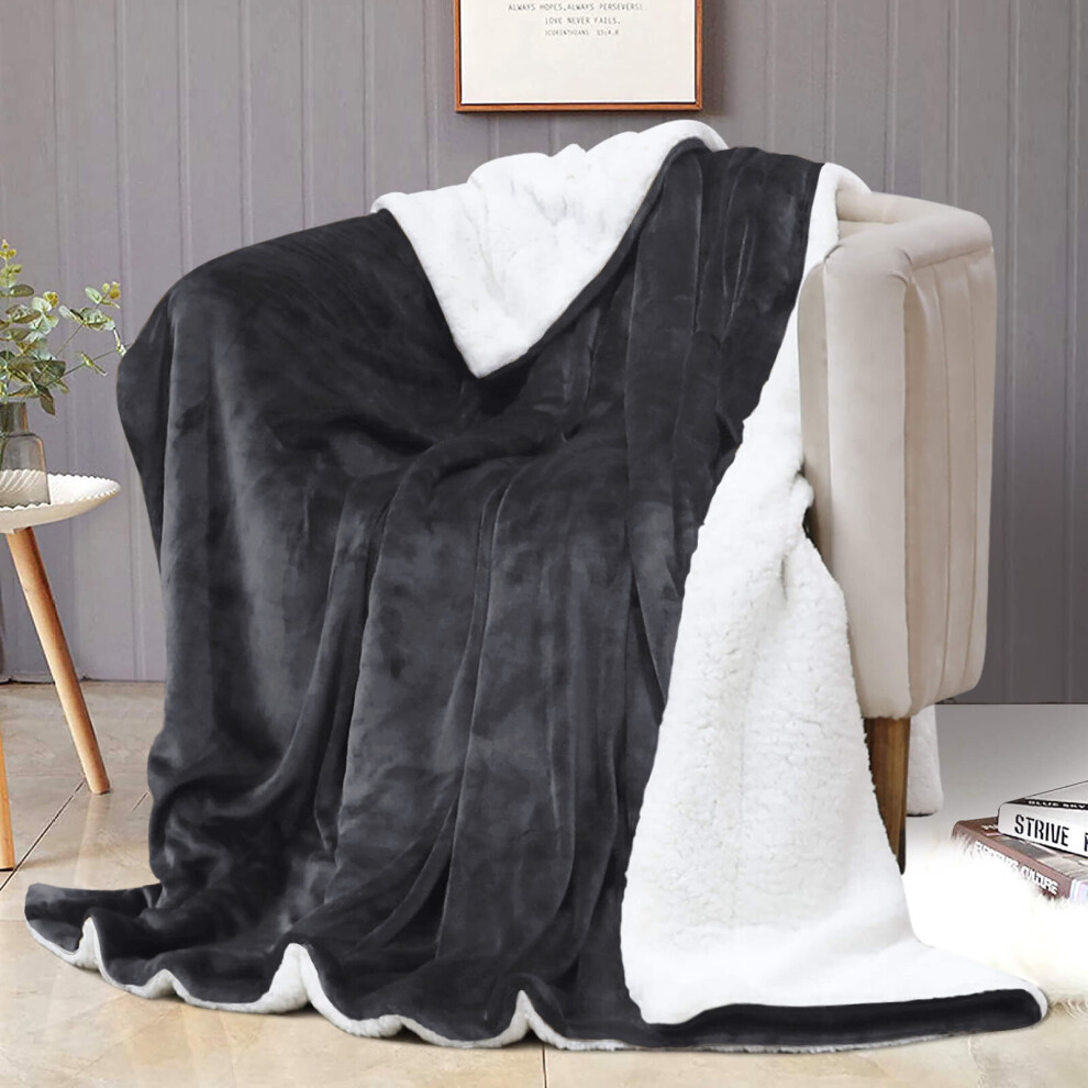 (Grey, King: 200 X 240 CM) Sherpa Fleece Blanket Bed Mink Sofa Throw 2 Layer Reversible Travel Blanket