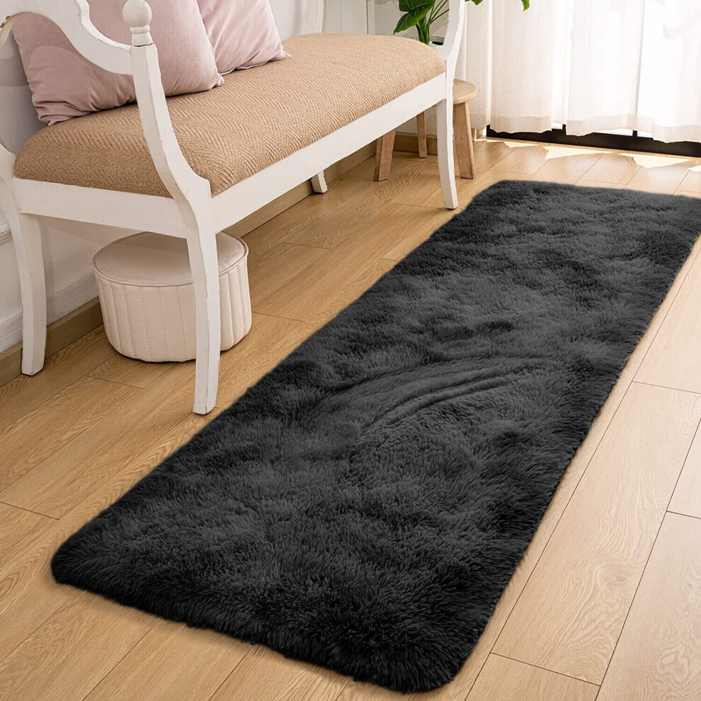 (60cm x 220cm (2ft x 7ft 3")_Runner, Black Shaggy Rugs) Fluffy Shaggy Rug Living Bed Room Carpets Soft Mat