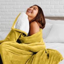 (Yellow Ochre, Double: 150 X 200 CM ) Sherpa Fleece Blanket Bed Mink Sofa Throw 2 Layer Reversible Travel Blanket