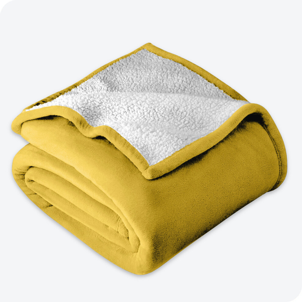 (Yellow Ochre, Single: 130 X 150 CM) Sherpa Fleece Blanket Bed Mink Sofa Throw 2 Layer Reversible Travel Blanket