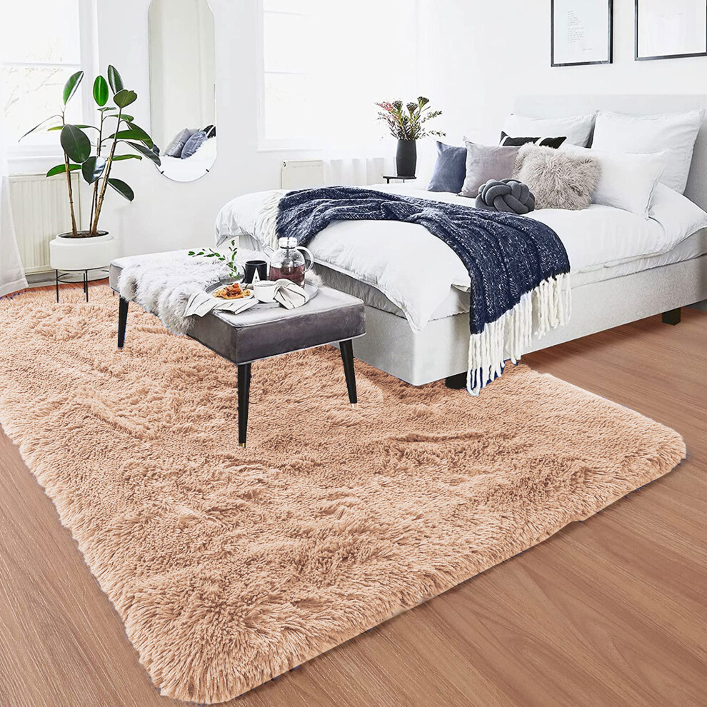 (120cm x 170cm (4ft x 5ft 6"), Beige Shaggy Rugs) Fluffy Rug Non-Slip Shaggy Rugs Living Room Carpet