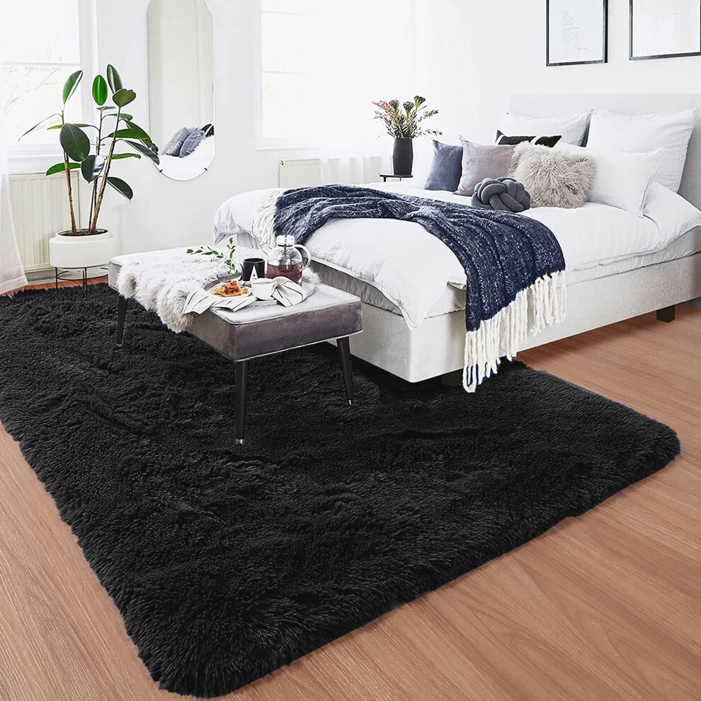 (120cm x 170cm (4ft x 5ft 6"), Black Shaggy Rugs) Fluffy Rug Non-Slip Shaggy Rugs Living Room Carpet