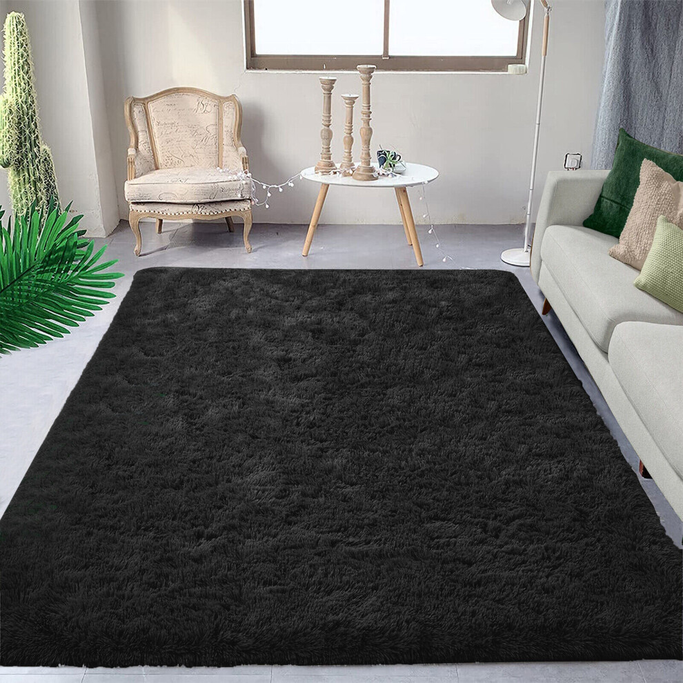 (200cm x 290cm (6ft 7" x 9ft 6"), Black Shaggy Rugs) Fluffy Shaggy Rug Living Bed Room Carpets Soft Mat