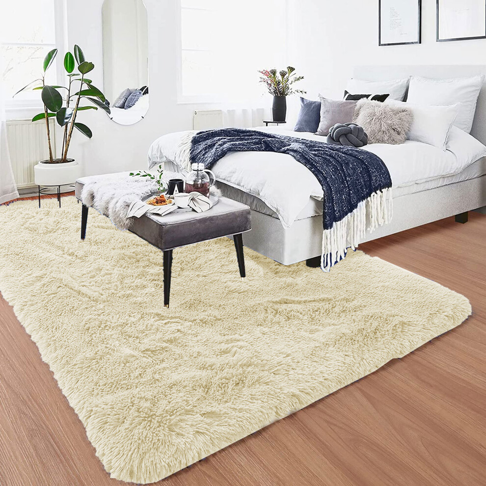 (200cm x 290cm (6ft 7" x 9ft 6"), Cream Shaggy Rugs) Fluffy Rug Non-Slip Shaggy Rugs Living Room Carpet