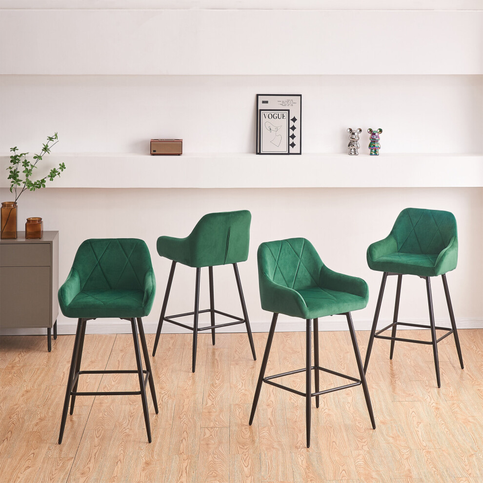 (4, green) 2x Bar Stools Velvet Dining Room Kitchen Breakfast