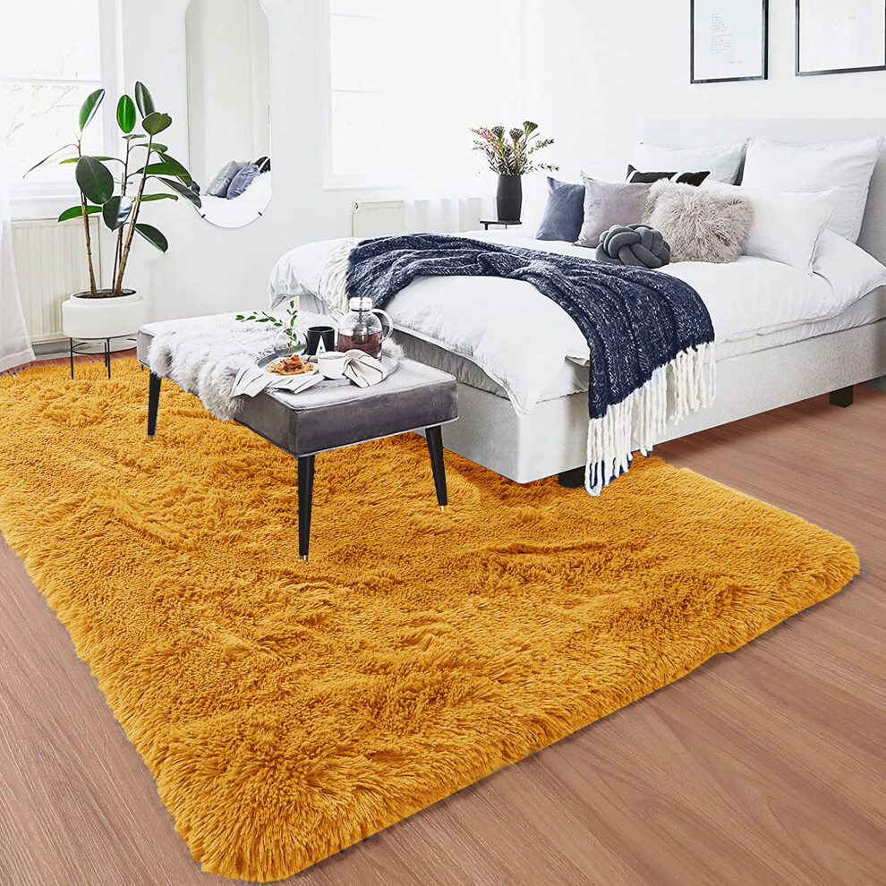 (120cm x 170cm (4ft x 5ft 6"), Yellow Shaggy Rugs) Fluffy Rug Non-Slip Shaggy Rugs Living Room Carpet