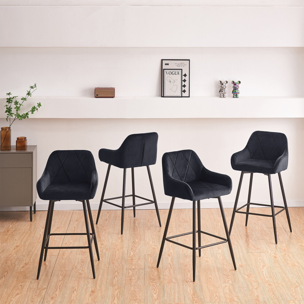 (4, black) 2x Bar Stools Velvet Dining Room Kitchen Breakfast